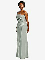 Side View Thumbnail - Willow Green Strapless Pleated Faux Wrap Trumpet Gown with Front Slit