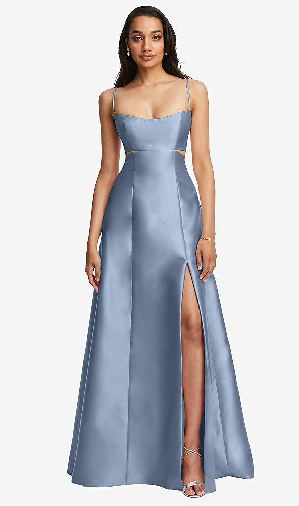 Front View - Cloudy Open Neckline Cutout Satin Twill A-Line Gown with Pockets