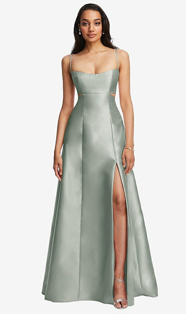 Front View - Willow Green Open Neckline Cutout Satin Twill A-Line Gown with Pockets
