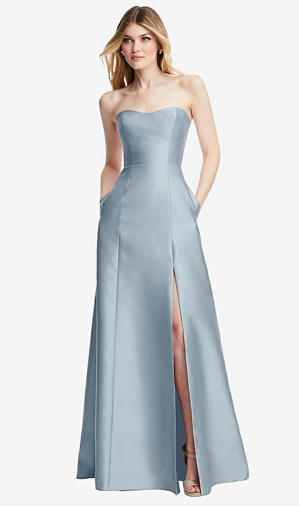 Back View - Mist Strapless A-line Satin Gown with Modern Bow Detail