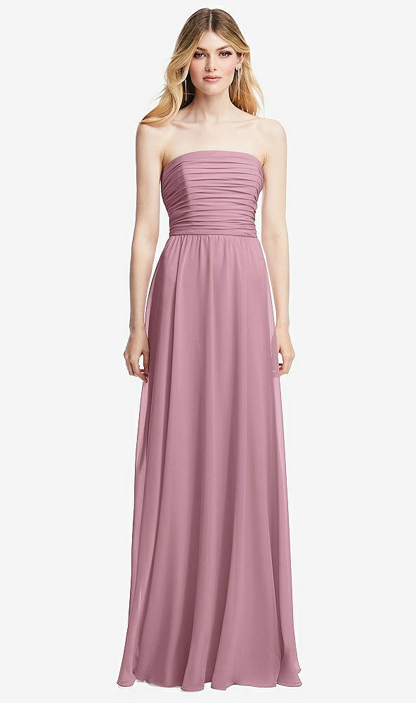 Front View - Dusty Pink Shirred Bodice Strapless Chiffon Maxi Dress with Optional Straps