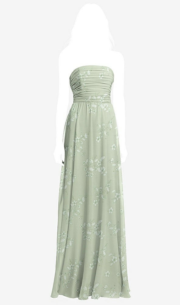 Front View - Vintage Primrose Sage Shirred Bodice Strapless Chiffon Maxi Dress with Optional Straps