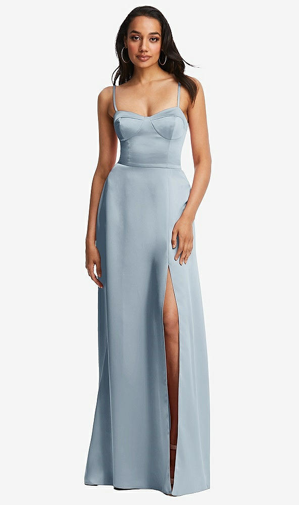 Front View - Mist Bustier A-Line Maxi Dress with Adjustable Spaghetti Straps