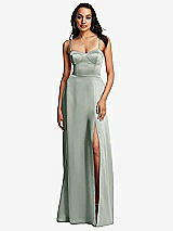 Front View Thumbnail - Willow Green Bustier A-Line Maxi Dress with Adjustable Spaghetti Straps