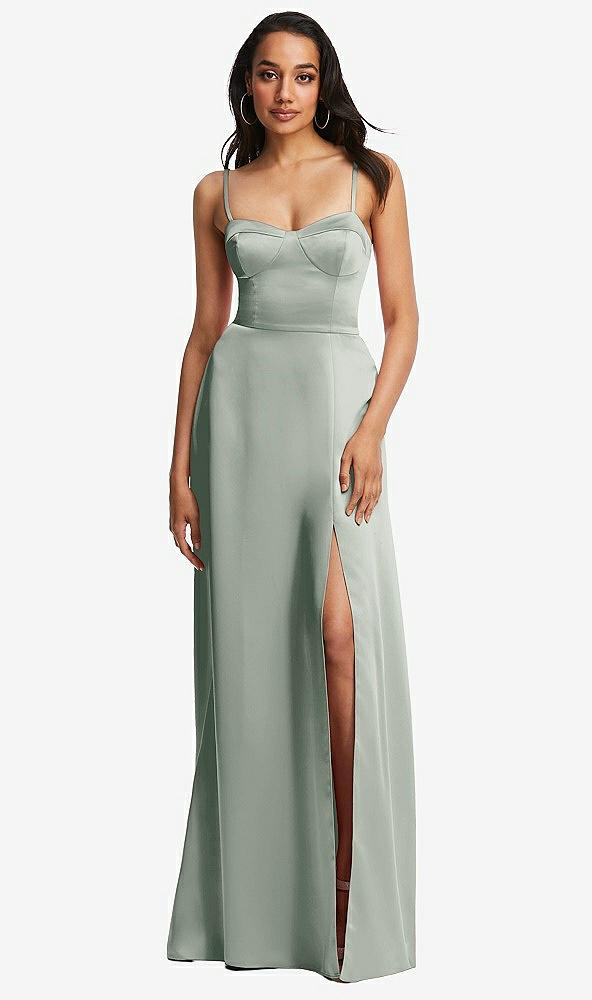 Front View - Willow Green Bustier A-Line Maxi Dress with Adjustable Spaghetti Straps