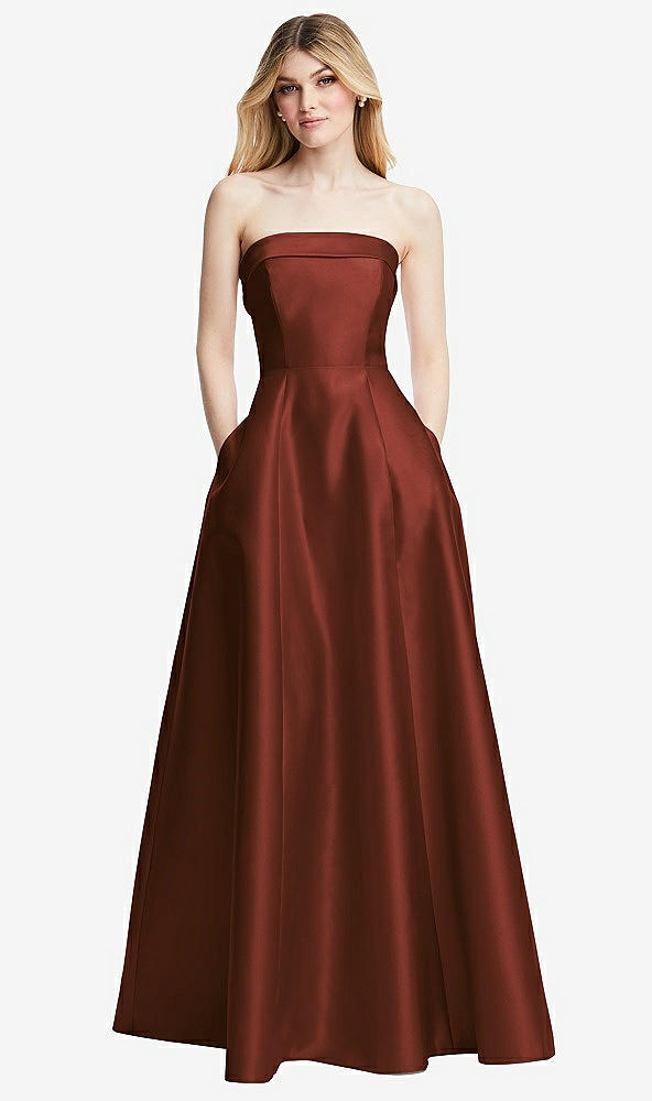 Front View - Auburn Moon Strapless Bias Cuff Bodice Satin Gown with Pockets