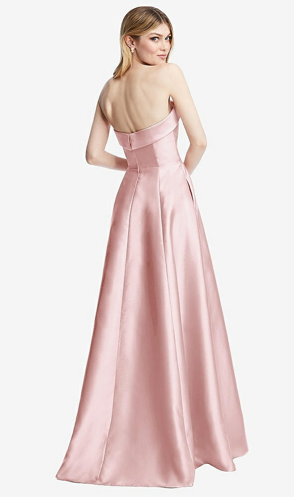 Back View - Ballet Pink Strapless Bias Cuff Bodice Satin Gown with Pockets