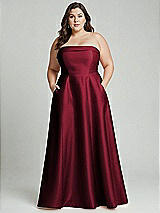 Alt View 2 Thumbnail - Burgundy Strapless Bias Cuff Bodice Satin Gown with Pockets