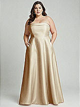 Alt View 2 Thumbnail - Champagne Strapless Bias Cuff Bodice Satin Gown with Pockets