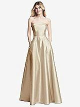 Front View Thumbnail - Champagne Strapless Bias Cuff Bodice Satin Gown with Pockets