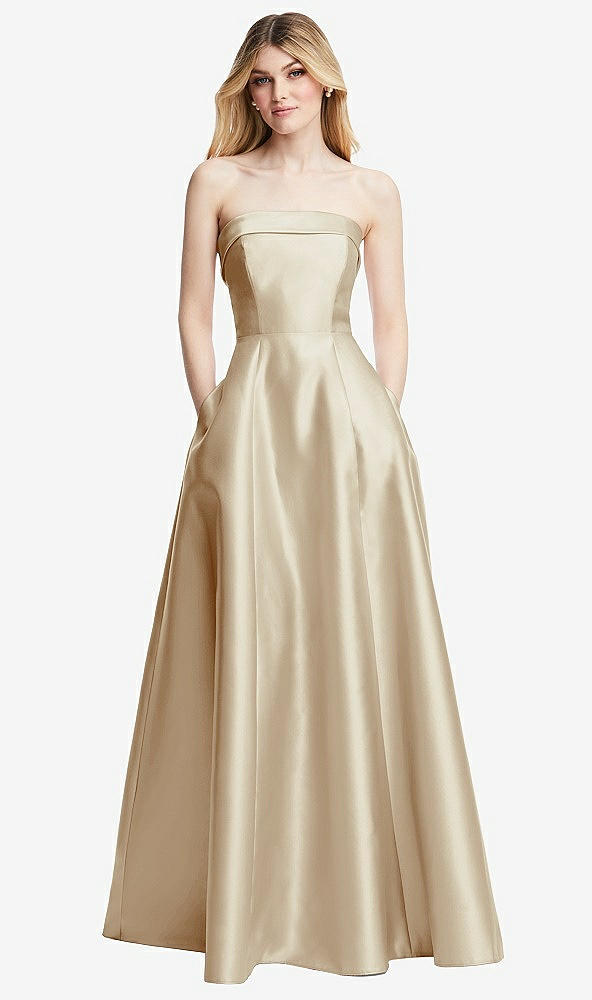 Front View - Champagne Strapless Bias Cuff Bodice Satin Gown with Pockets