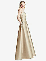 Side View Thumbnail - Champagne Strapless Bias Cuff Bodice Satin Gown with Pockets