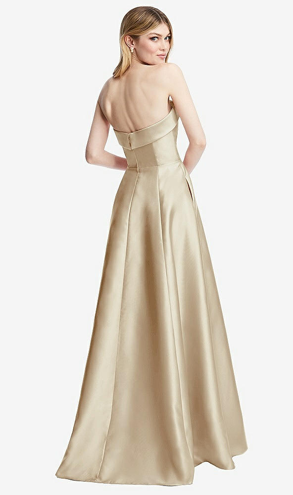Back View - Champagne Strapless Bias Cuff Bodice Satin Gown with Pockets