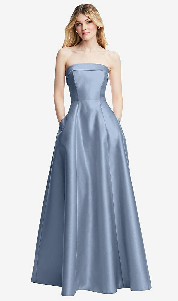 Front View - Cloudy Strapless Bias Cuff Bodice Satin Gown with Pockets