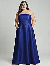 Alt View 2 Thumbnail - Cobalt Blue Strapless Bias Cuff Bodice Satin Gown with Pockets