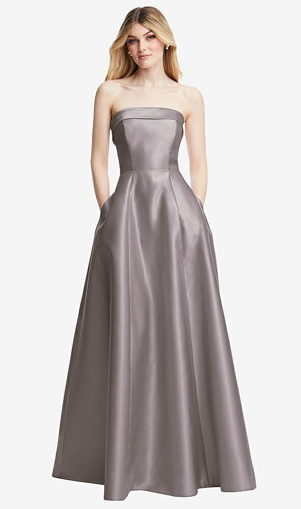 Front View - Cashmere Gray Strapless Bias Cuff Bodice Satin Gown with Pockets