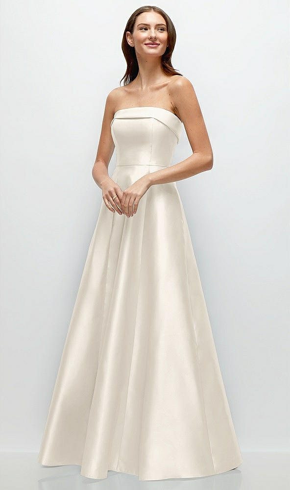 Front View - Ivory Strapless Bias Cuff Bodice Satin Gown with Pockets