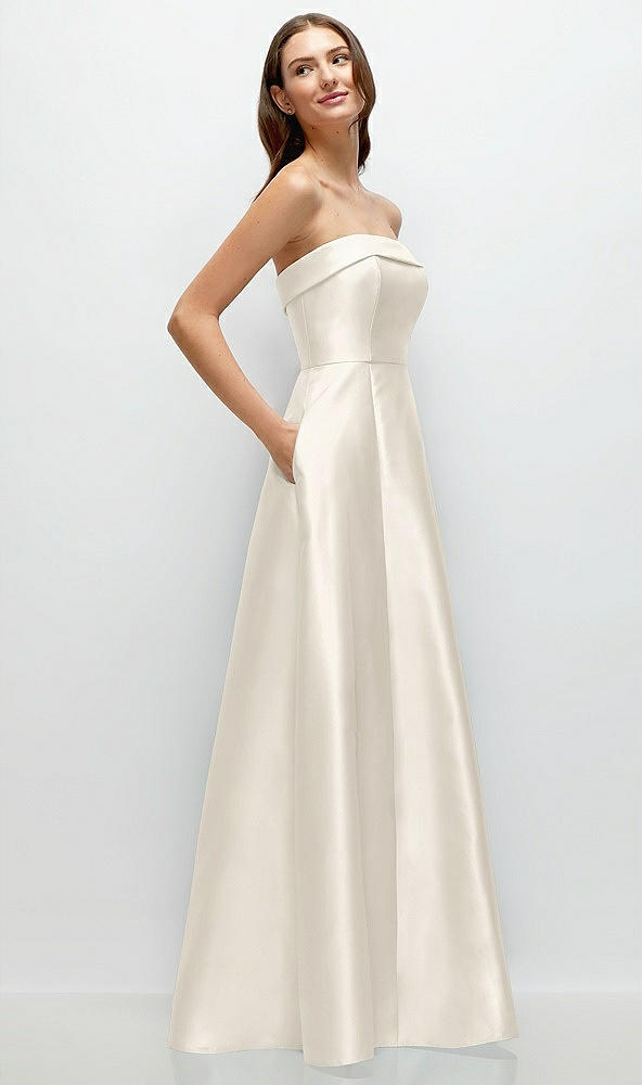 Back View - Ivory Strapless Bias Cuff Bodice Satin Gown with Pockets