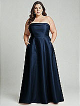 Alt View 2 Thumbnail - Midnight Navy Strapless Bias Cuff Bodice Satin Gown with Pockets
