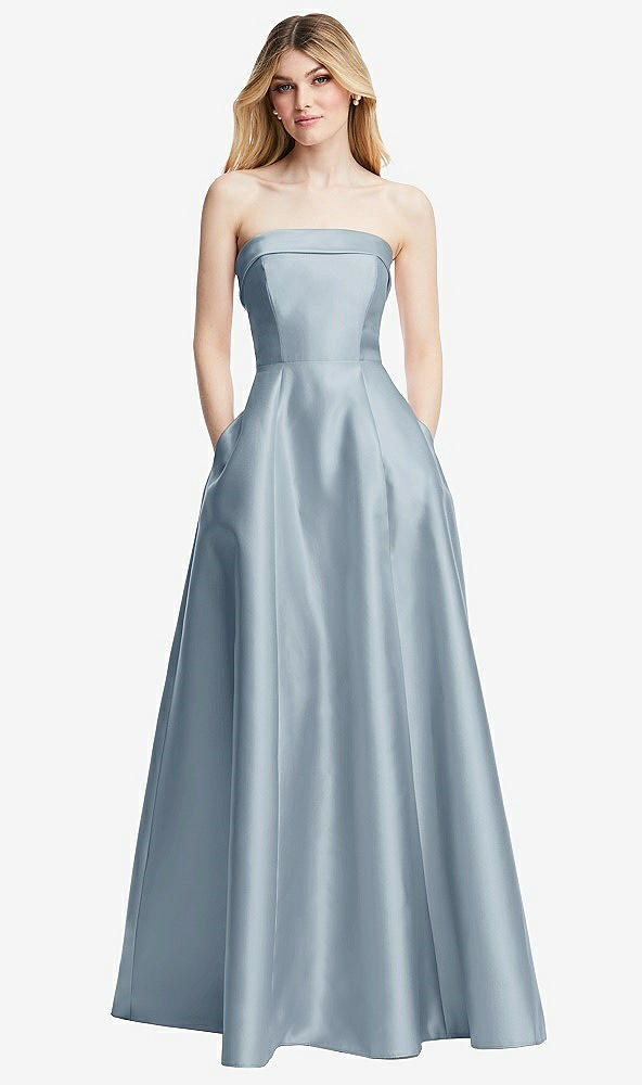 Front View - Mist Strapless Bias Cuff Bodice Satin Gown with Pockets