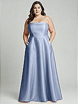 Alt View 2 Thumbnail - Sky Blue Strapless Bias Cuff Bodice Satin Gown with Pockets