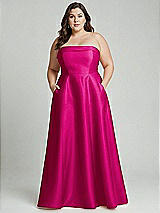 Alt View 2 Thumbnail - Think Pink Strapless Bias Cuff Bodice Satin Gown with Pockets