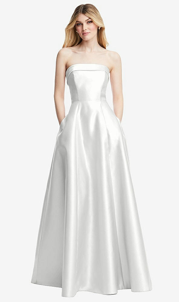 Front View - White Strapless Bias Cuff Bodice Satin Gown with Pockets