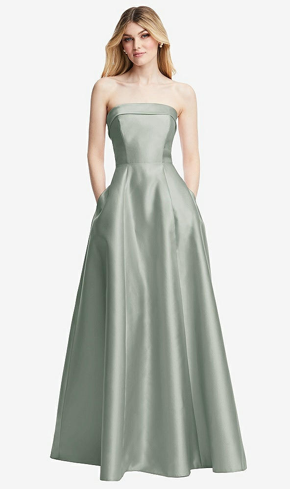 Front View - Willow Green Strapless Bias Cuff Bodice Satin Gown with Pockets