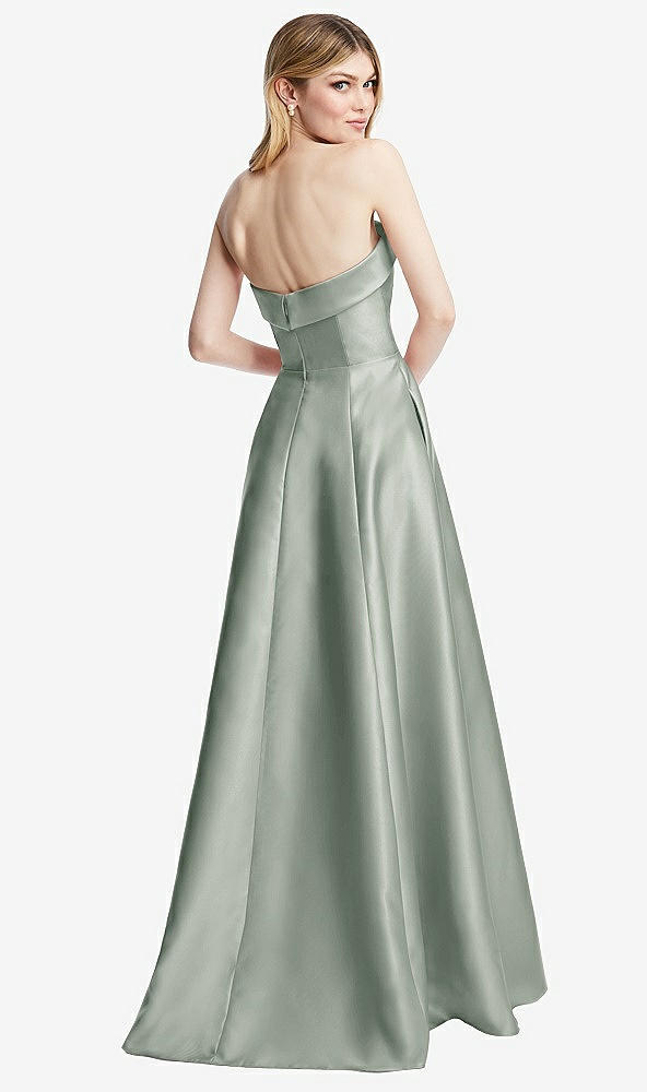 Back View - Willow Green Strapless Bias Cuff Bodice Satin Gown with Pockets