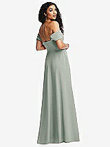 Rear View Thumbnail - Willow Green Off-the-Shoulder Pleated Cap Sleeve A-line Maxi Dress
