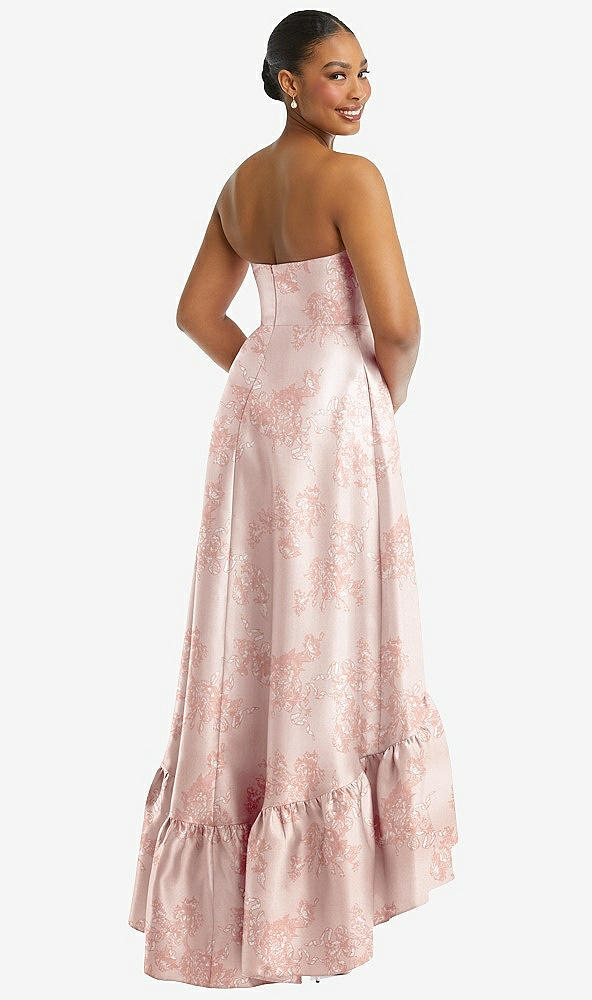 Back View - Bow And Blossom Print Strapless Floral High-Low Ruffle Hem Maxi Dress with Pockets