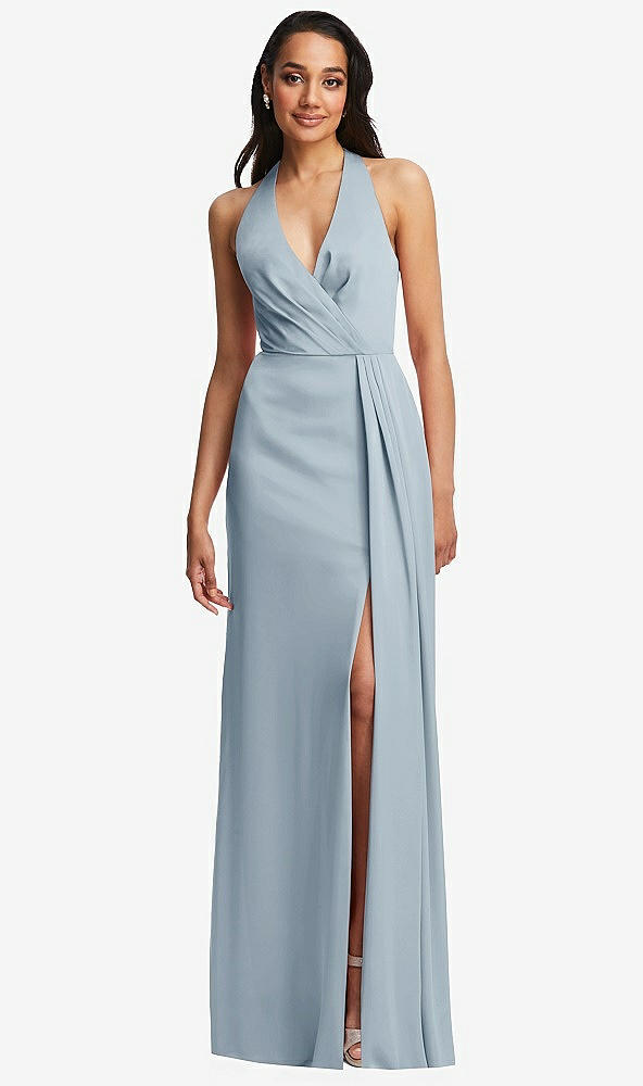 Front View - Mist Pleated V-Neck Closed Back Trumpet Gown with Draped Front Slit
