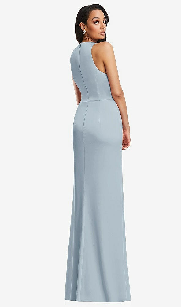 Back View - Mist Pleated V-Neck Closed Back Trumpet Gown with Draped Front Slit