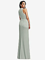 Rear View Thumbnail - Willow Green Pleated V-Neck Closed Back Trumpet Gown with Draped Front Slit