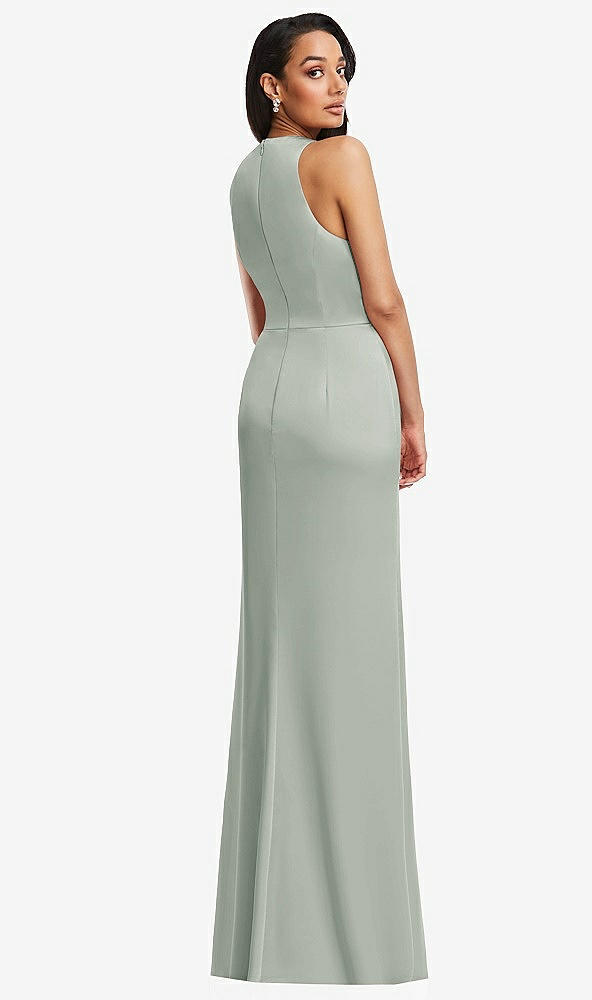 Back View - Willow Green Pleated V-Neck Closed Back Trumpet Gown with Draped Front Slit
