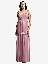 Front View Thumbnail - Dusty Pink Ruffle-Trimmed Cutout Tie-Back Maxi Dress with Tiered Skirt