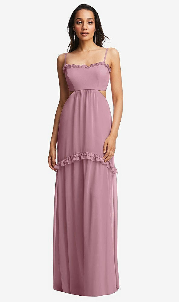 Front View - Dusty Pink Ruffle-Trimmed Cutout Tie-Back Maxi Dress with Tiered Skirt