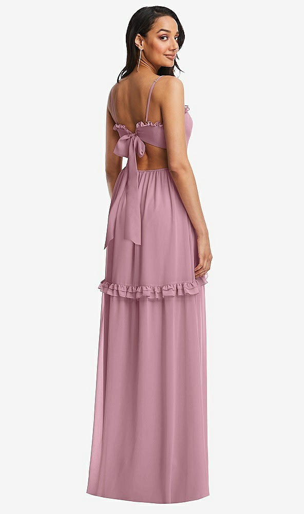 Back View - Dusty Pink Ruffle-Trimmed Cutout Tie-Back Maxi Dress with Tiered Skirt