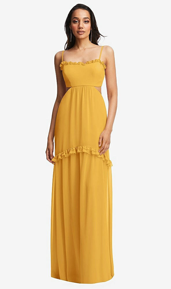 Front View - NYC Yellow Ruffle-Trimmed Cutout Tie-Back Maxi Dress with Tiered Skirt