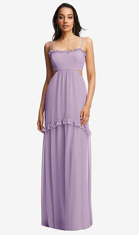 Front View - Pale Purple Ruffle-Trimmed Cutout Tie-Back Maxi Dress with Tiered Skirt