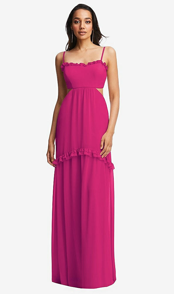 Front View - Think Pink Ruffle-Trimmed Cutout Tie-Back Maxi Dress with Tiered Skirt