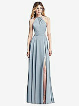Front View Thumbnail - Mist Halter Cross-Strap Gathered Tie-Back Cutout Maxi Dress