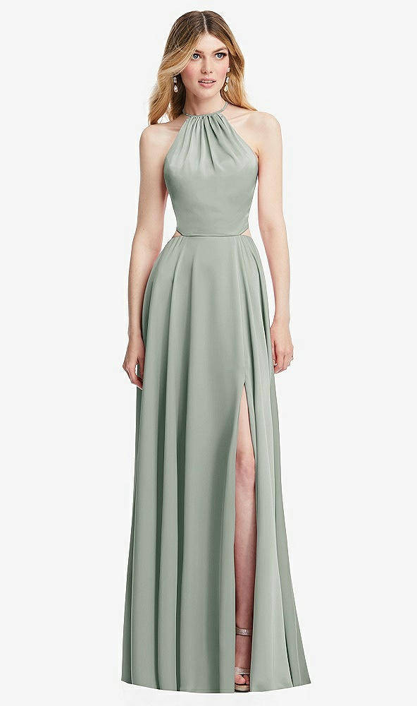 Front View - Willow Green Halter Cross-Strap Gathered Tie-Back Cutout Maxi Dress