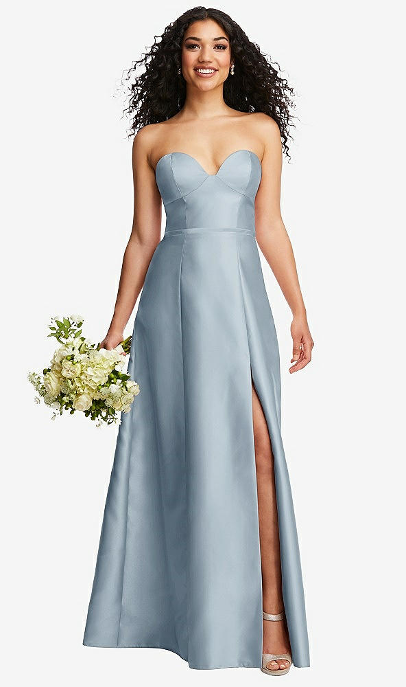 Front View - Mist Strapless Bustier A-Line Satin Gown with Front Slit