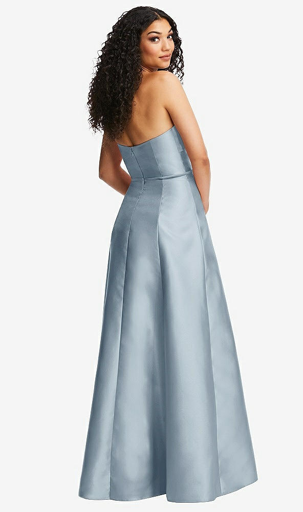Back View - Mist Strapless Bustier A-Line Satin Gown with Front Slit