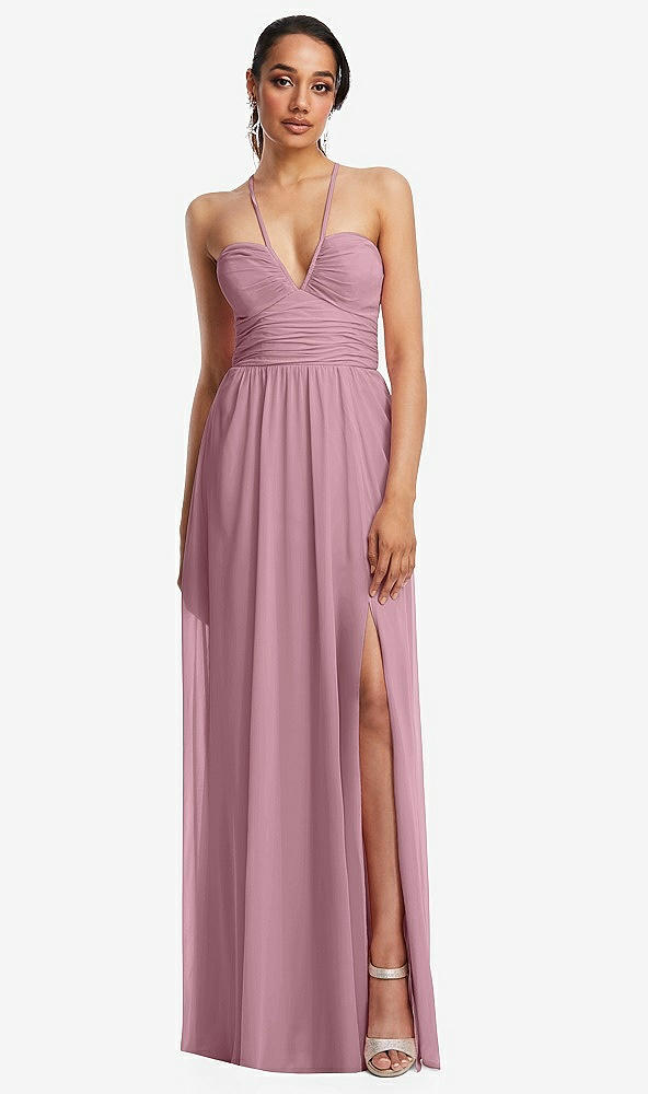 Front View - Dusty Pink Plunging V-Neck Criss Cross Strap Back Maxi Dress