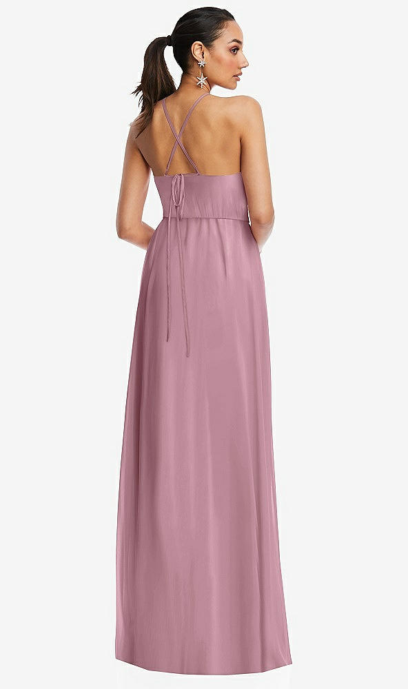 Back View - Dusty Pink Plunging V-Neck Criss Cross Strap Back Maxi Dress