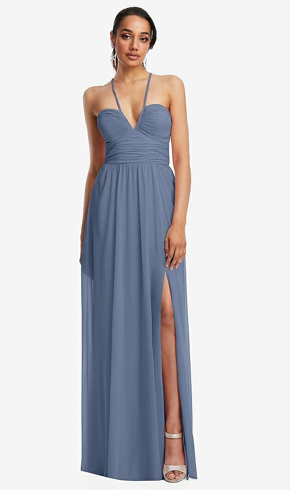 Front View - Larkspur Blue Plunging V-Neck Criss Cross Strap Back Maxi Dress