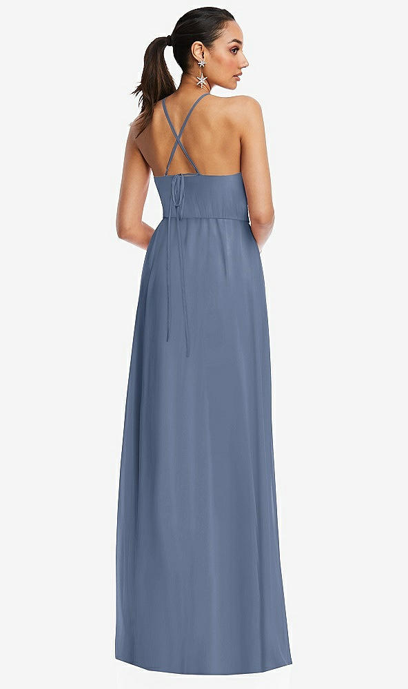 Back View - Larkspur Blue Plunging V-Neck Criss Cross Strap Back Maxi Dress