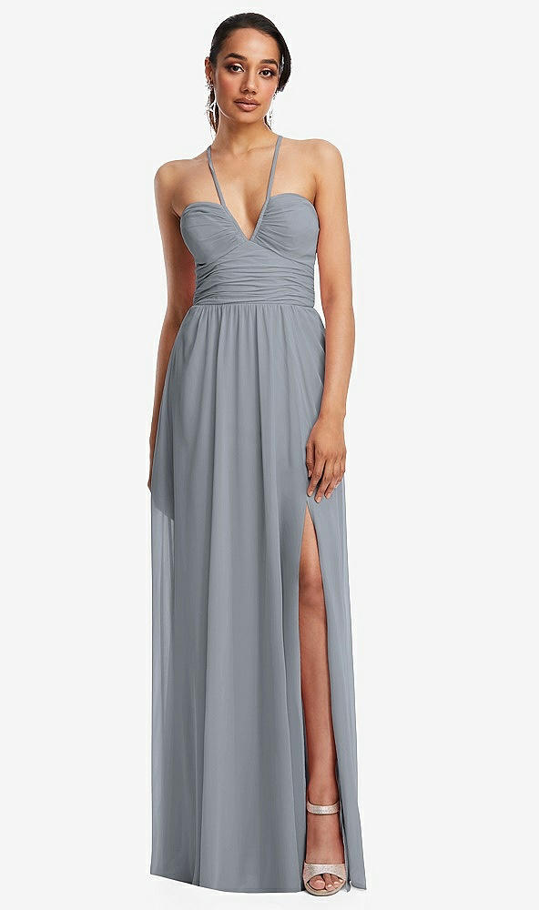 Front View - Platinum Plunging V-Neck Criss Cross Strap Back Maxi Dress